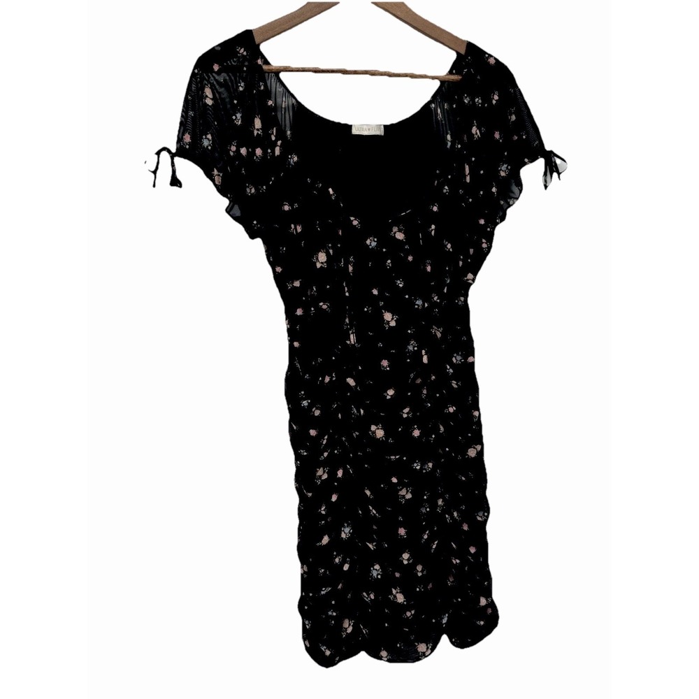Ultra Flirt Dress Black Flowers Ruched Puff‎ Sleeve Mini Milkmaid Wench Sheer XL